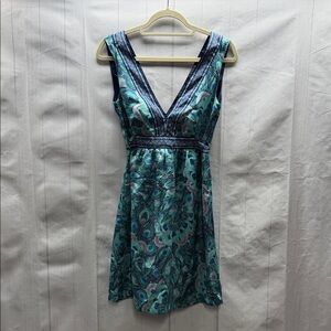 H&M Blue and Purple Peacock Print Deep V Belted Sleeveless Mini Dress